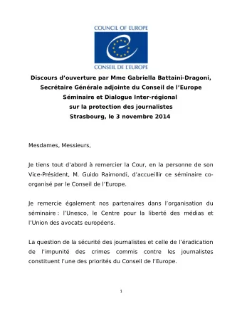 Discours douverture par Mme Gabriella Battaini-Dragoni,  Secrtaire Gnrale adjointe du