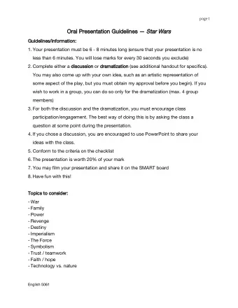 Oral Presentation Guidelines   Star Wars  Guidelines/information:  1. Your presentation must