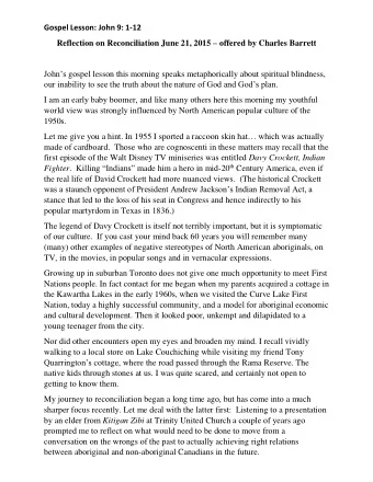 Gospel Lesson: John 9: 1-12 Reflection on Reconciliation June 21, 2015  offered by Charles