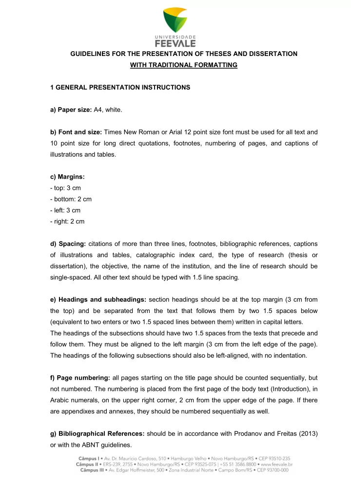 guidelines for the presentation of theses and