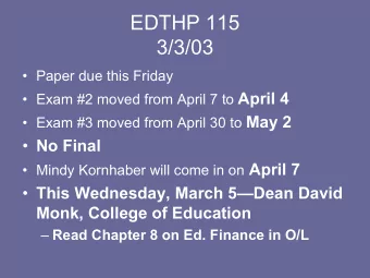 EDTHP 115  3/3/03   Paper due this Friday  Exam #2 moved from April 7 to April 4  Exam #3