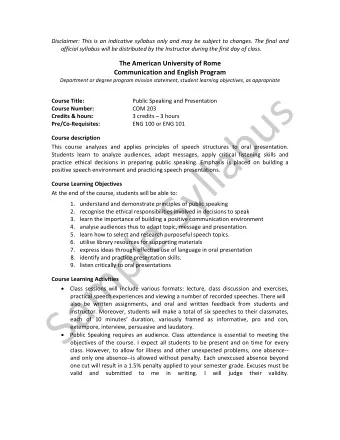 s Course Title: Public Speaking and Presentation  u Course Number: COM 203 Credits &amp; hours: 3
