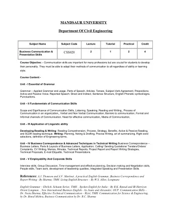 MANDSAUR UNIVERSITY  Department Of Civil Engineering  Subject Name  Subject Code  Lecture  Tutorial