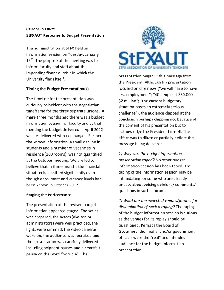 commentary stfxaut response to budget presentation the
