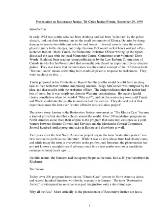 Presentation on Restorative Justice, Tri-Cities Justice Forum, November 29, 1999 Introduction  In