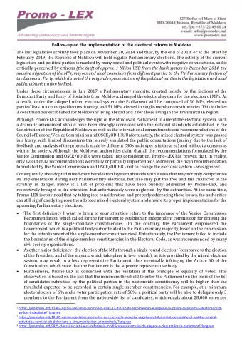 Follow-up on the implementation of the electoral reform in Moldova  The last legislative scrutiny