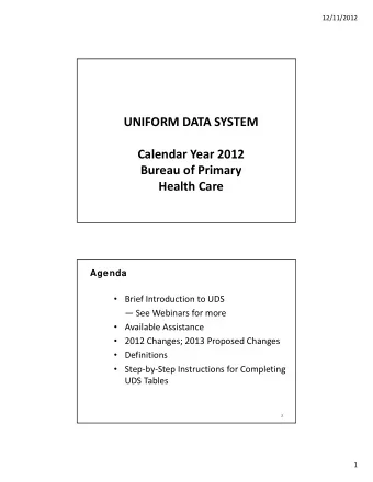 UNIFORM DATA SYSTEM Calendar Year 2012 Bureau of Primary Health Care  Agenda  Brief Introduction