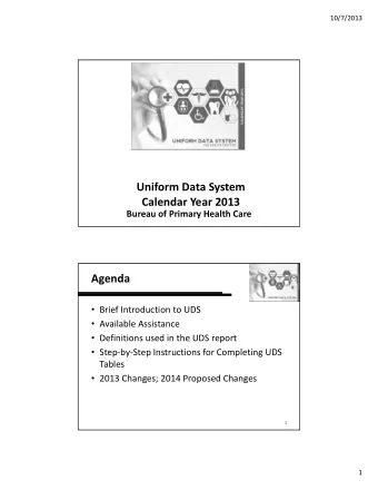 Uniform Data System Calendar Year 2013 Bureau of Primary Health Care  Agenda  Brief Introduction