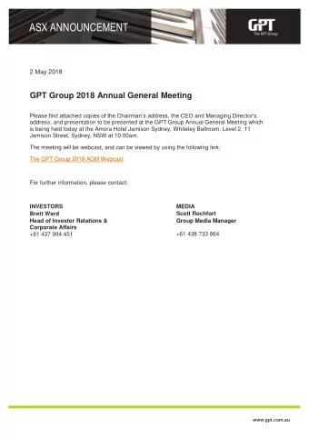 ASX ANNOUNCEMENT  2 May 2018  GPT Group 2018 Annual General Meeting Please find attached copies of