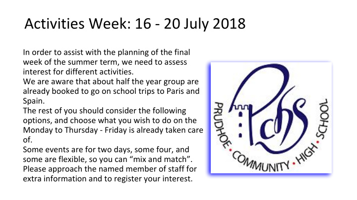 activities week 16 20 july 2018