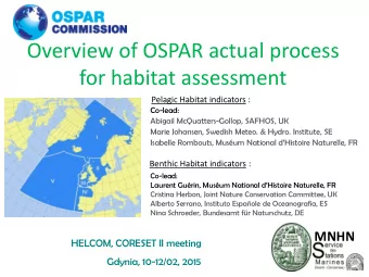 Overview of OSPAR actual process for habitat assessment  Pelagic Habitat indicators :  Co-lead: