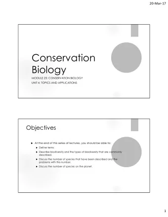 Conservation  Biology  MODULE 25: CONSERVATION BIOLOGY  UNIT 4: TOPICS AND APPLICATIONS  Objectives