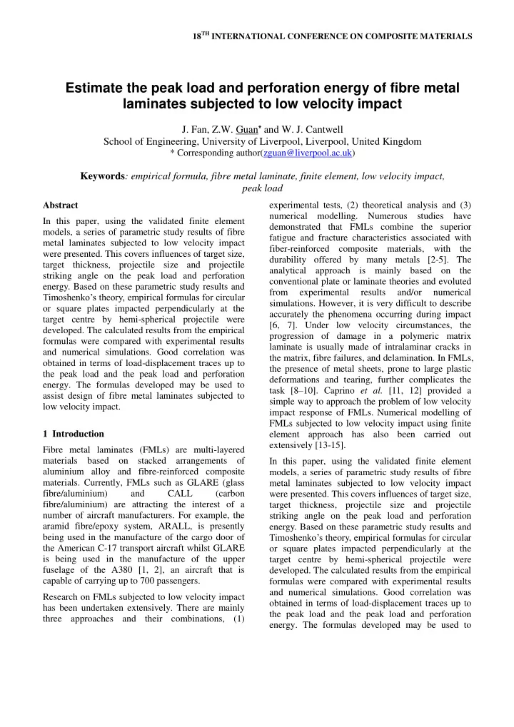 estimate the peak load and perforation energy of fibre