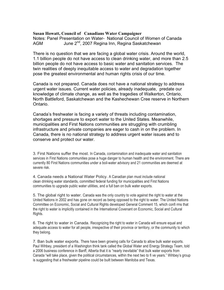 susan howatt council of canadians water campaigner notes