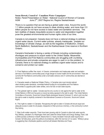 Susan Howatt, Council of   Canadians Water Campaigner  Notes: Panel Presentation on Water-
