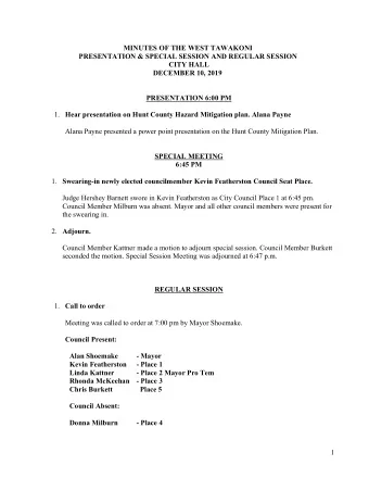 MINUTES OF THE WEST TAWAKONI  PRESENTATION &amp; SPECIAL SESSION AND REGULAR SESSION  CITY HALL