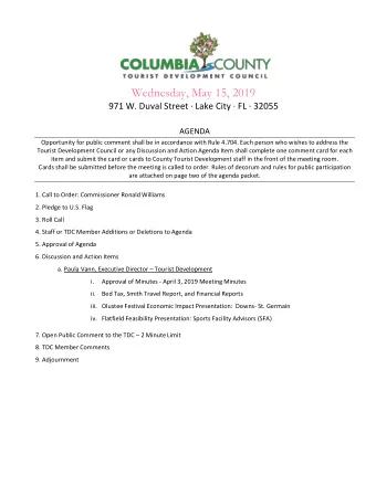 Wednesday, May 15, 2019  971 W. Duval Street  Lake City  FL  32055  AGENDA  Opportunity for