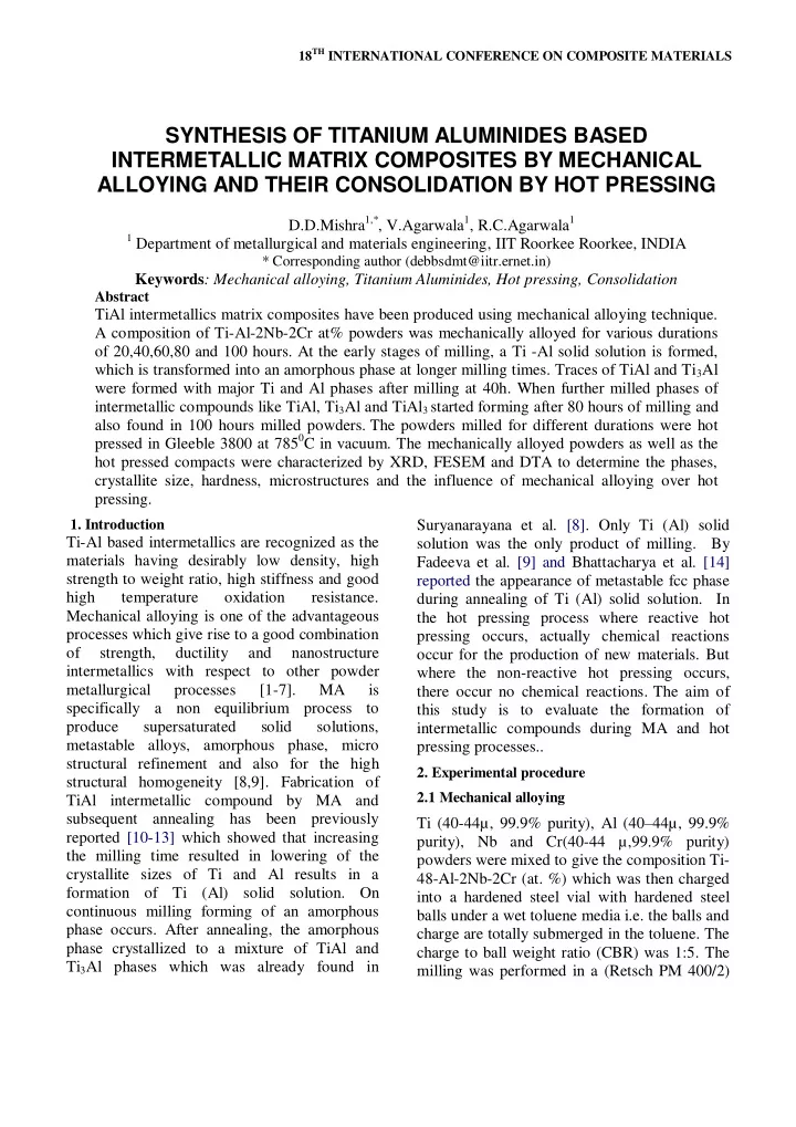 synthesis of titanium aluminides based intermetallic