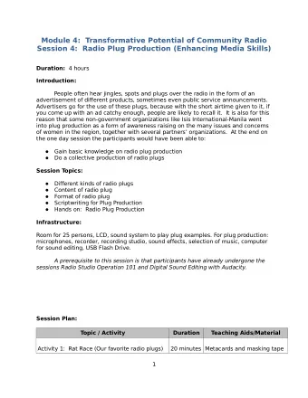 Module 4:  Transformative Potential of Community Radio  Session 4:  Radio Plug Production