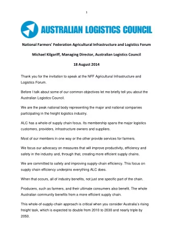 National Farmers' Federation Agricultural Infrastructure and Logistics Forum  Michael Kilgariff,