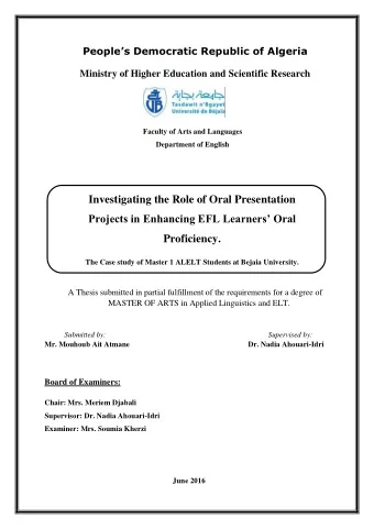 Investigating the Role of Oral Presentation  Projects in Enhancing EFL Learners Oral