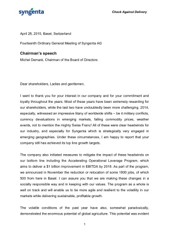 Chairmans speech  Michel Demar, Chairman of the Board of Directors  Dear shareholders, Ladies