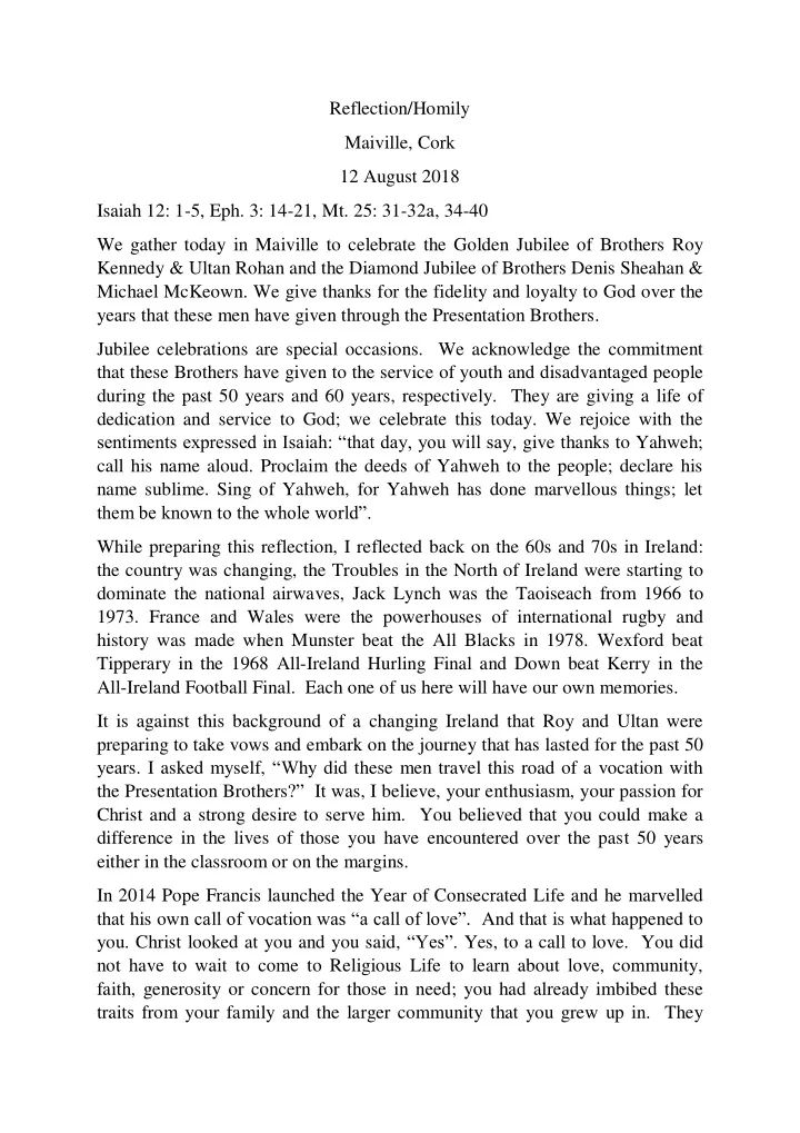 reflection homily maiville cork 12 august 2018 isaiah 12