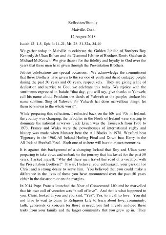 Reflection/Homily  Maiville, Cork  12 August 2018  Isaiah 12: 1-5, Eph. 3: 14-21, Mt. 25: 31-32a,