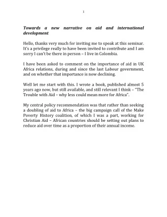 Towards a new narrative on aid and international development  Hello, thanks very much for inviting