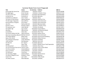 Summer Reads from Carol Fitzgerald  Title  Author  On-Sale Date  Publisher  ISBN 13  All the Light