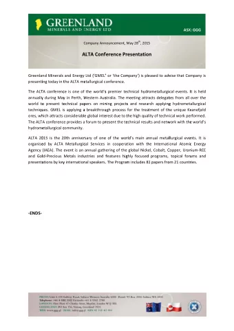 ALTA Conf  A ference Pr  resentatio on  Greenla nd Minerals and Energy Ltd (GMEL  or