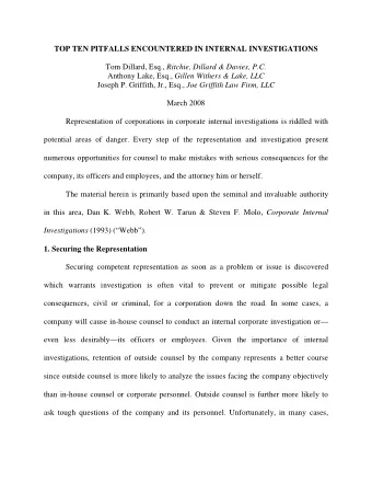 TOP TEN PITFALLS ENCOUNTERED IN INTERNAL INVESTIGATIONS Tom Dillard, Esq., Ritchie, Dillard &amp;