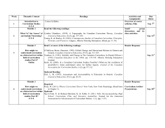Week  Thematic Content  Readings  Activities and  Due  Assignments  Dates  Introduction to Course