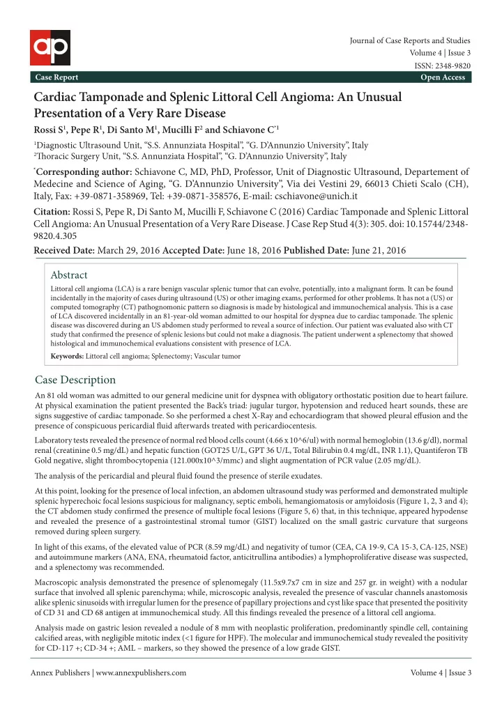 cardiac tamponade and splenic littoral cell angioma an