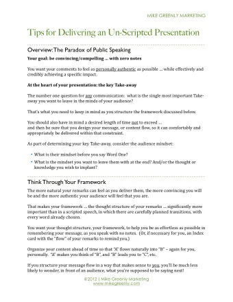 Tips for Delivering an Un-Scripted Presentation  Overview: The Paradox of Public Speaking  Your