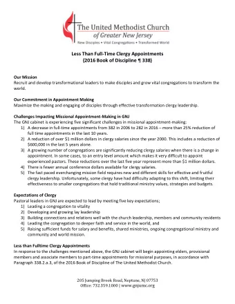 Less Than Full-Time Clergy Appointments (2016 Book of Discipline  338)  Our Mission  Recruit and