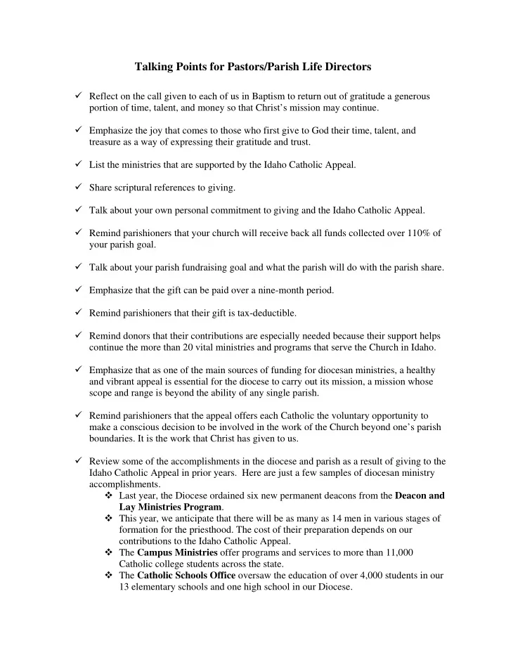 talking points for pastors parish life directors