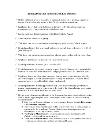 Talking Points for Pastors/Parish Life Directors  Reflect on the call given to each of us in