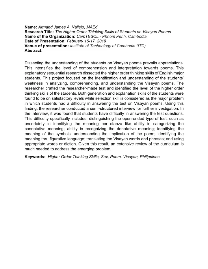 name armand james a vallejo maed research title the
