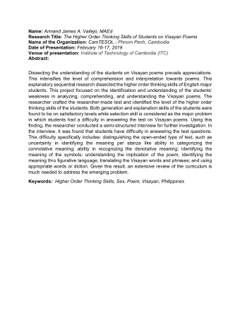 Name: Armand James A. Vallejo, MAEd Research Title: The Higher Order Thinking Skills of Students on