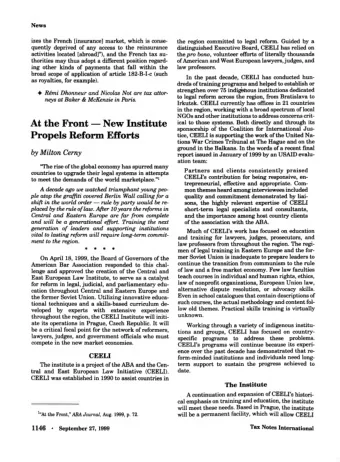 At the Front  -New  Institute  sponsorship  of the Coalition for International Jus-  tice, CEELI is