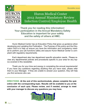 Huron Medical Center  2012 Annual Mandatory Review  Infection Control/Employee Health  Thank you