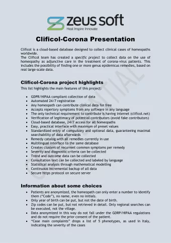 Clificol-Corona Presentation  Clificol is a cloud-based database designed to collect clinical cases
