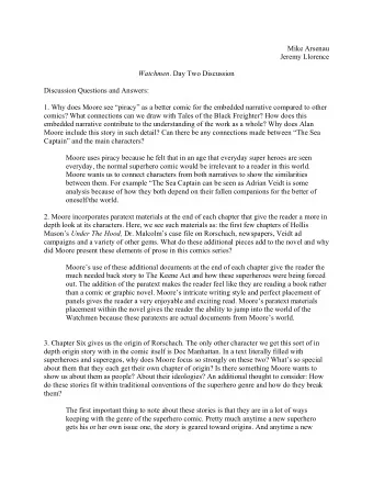 Mike Arsenau  Jeremy Llorence Watchmen . Day Two Discussion  Discussion Questions and Answers:  1.