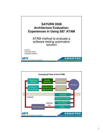 SATURN 2008  Architecture Evaluation:  Experiences in Using SEI ATAM  ATAM method to evaluate a