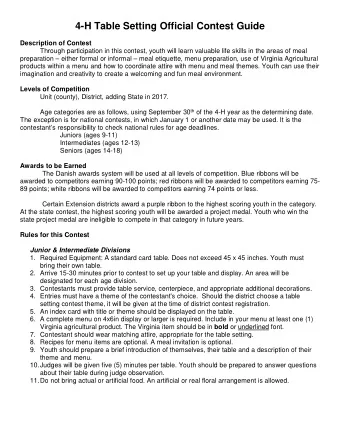 4-H Table Setting Official Contest Guide  Description of Contest  Through participation in this