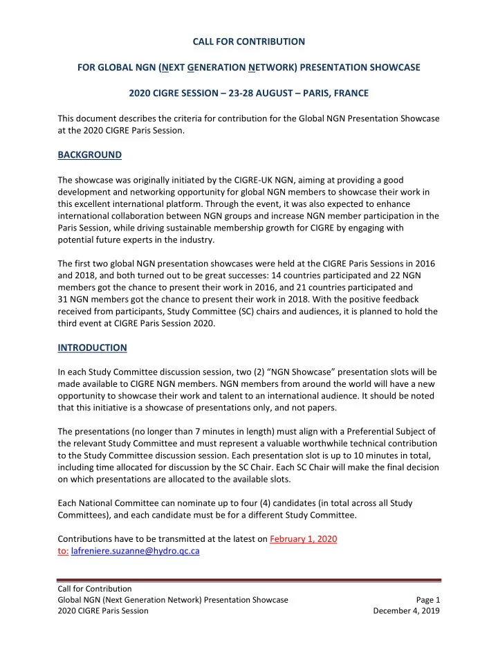 call for contribution for global ngn next generation