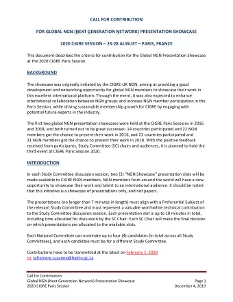 CALL FOR CONTRIBUTION  FOR GLOBAL NGN (NEXT GENERATION NETWORK) PRESENTATION SHOWCASE  2020 CIGRE
