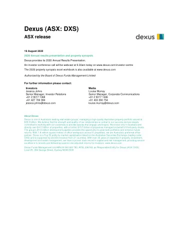 Dexus (ASX: DXS) ASX release  19 August 2020  2020 Annual results presentation and property