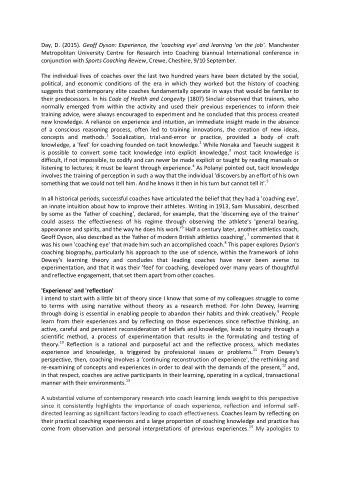 Day, D. (2015). Geoff Dyson: Experience, the 'coaching eye' and learning 'on the job'. Manchester